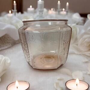 Vintage Pink Depression Glass Jar – 1930s Art Deco Canister – Floral Panel Patte